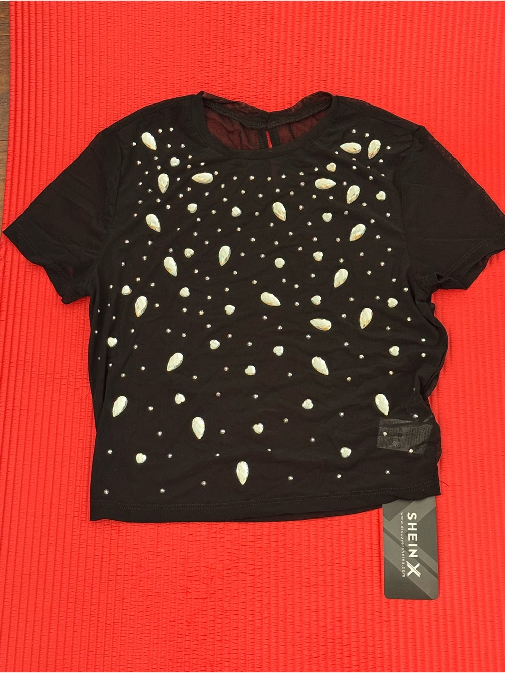 SHEIN Black Short Sleeve Tee with Pearl & Teardrop Embellishments